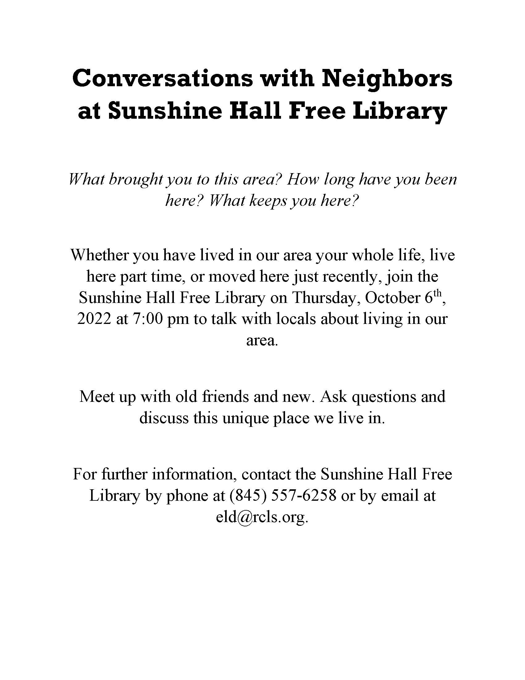 Sunshine Hall Free Library - Conversations with Neighbors